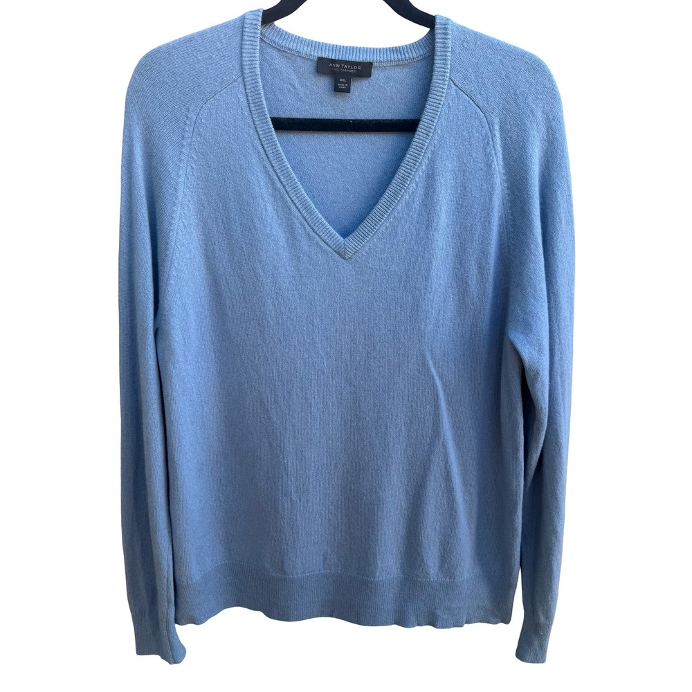 Ann Taylor 100% Cashmere Quiet Luxury Minimalist V-Neck Sweater Pastel Blue XXL